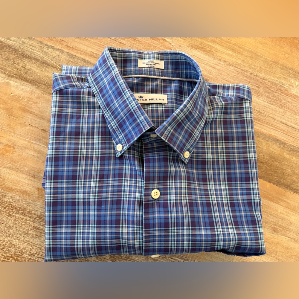 Peter Millar Button Down Dress Shirt Large Blue and Purple Plaid Long Sleeve